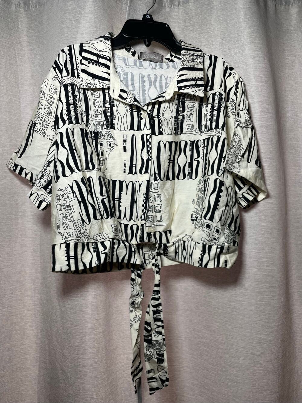 LuluMari Anthropologie Y2K Abstract Print Short Sleeve Tie Hem Crop Shirt